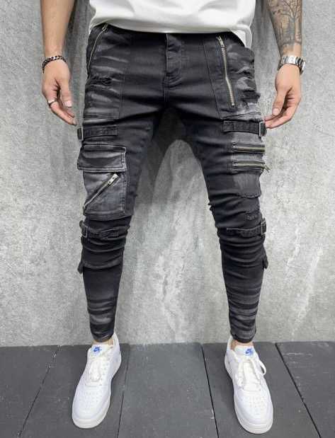 Pantalon cargo en jean noir - Mode urbaine 6453